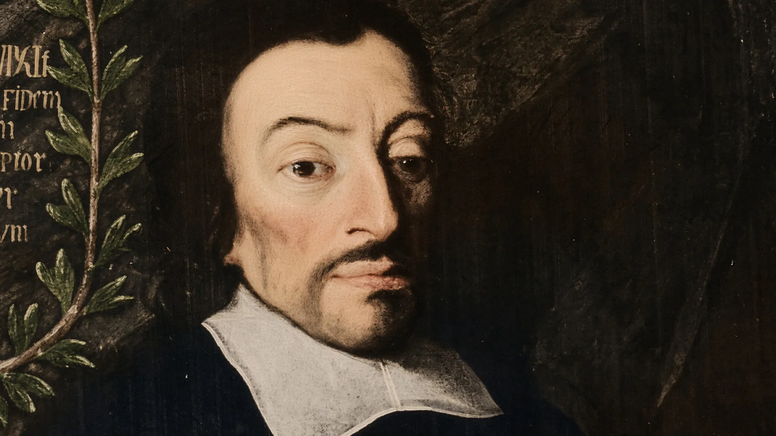 Koloriertes Porträt Johannes Schefflers (Angelus Silesius) mit weißem Kragen und Lorbeerzweig