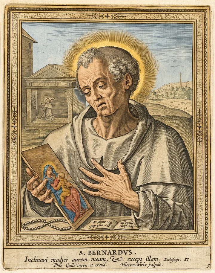 Kupferstich S. Bernardvs: Bernhard von Clairvaux mit Heiligenschein, Buch und Marienbildchen, digital koloriert