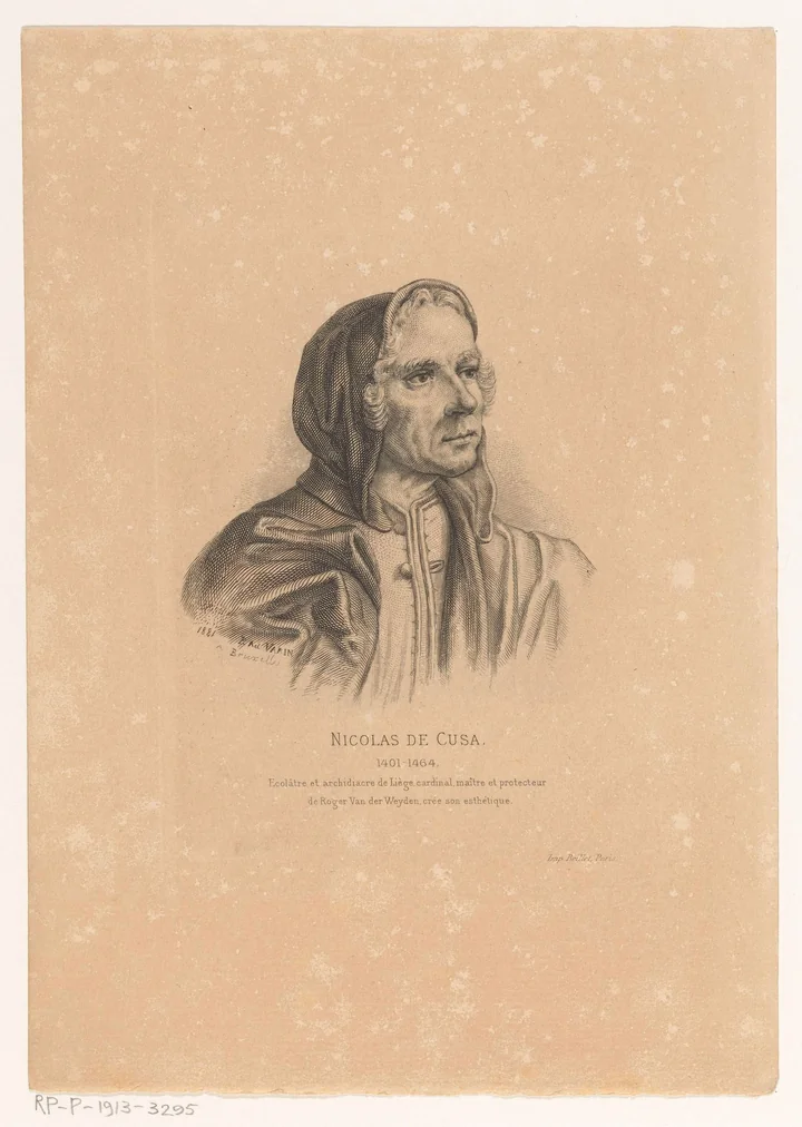 Kupferstich Portret van Nicolaas van Cusa von Adolphe Varin, 1881: Kardinalsporträt mit Unterschrift Nicolas De Cusa
