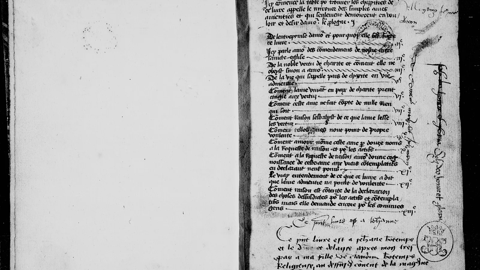 Handschriftenseite Folio 1r des Mirouer des simples âmes (Chantilly)