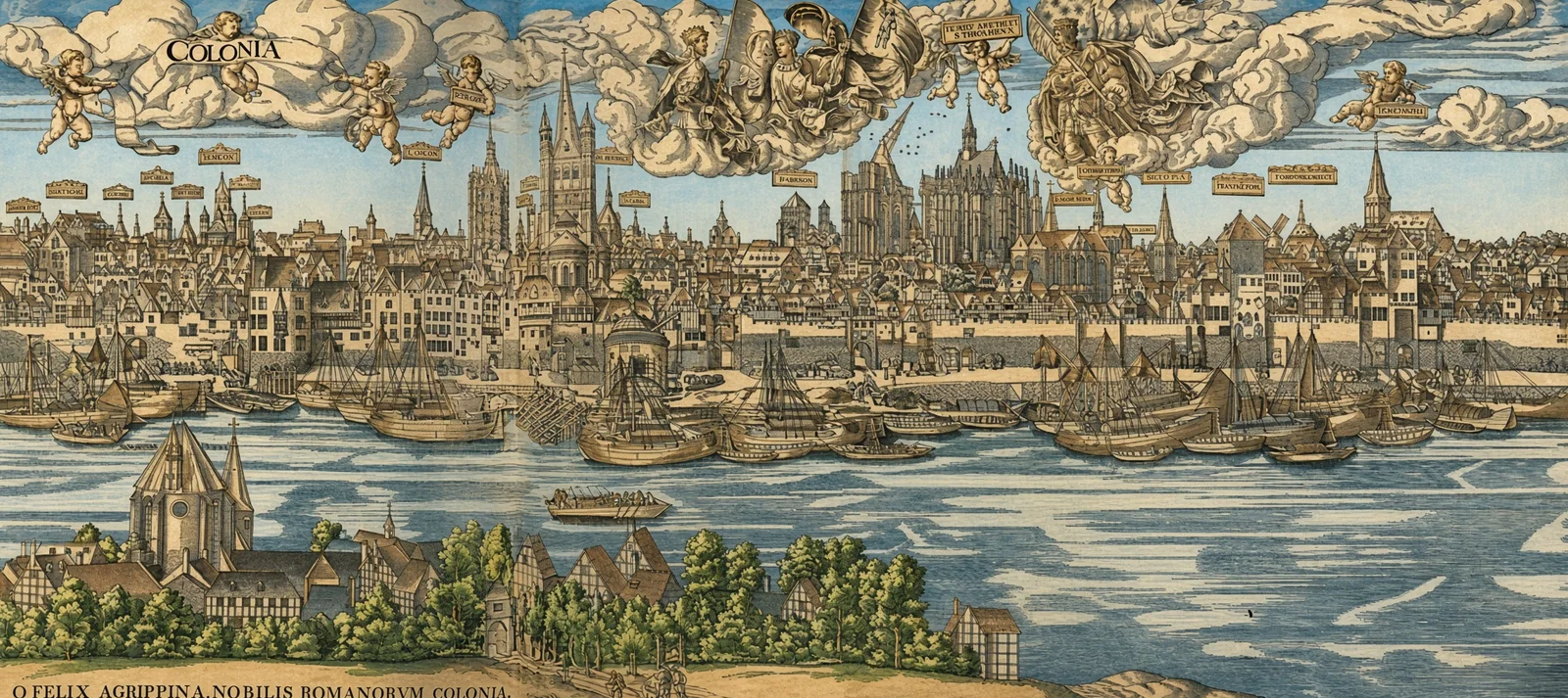 Koloriertes Panorama Kölns am Rhein nach Anton Woensam, mit Dom, Türmen und Schiffen