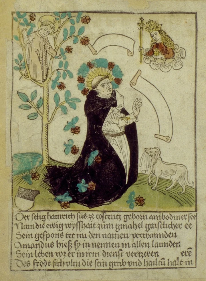 Idealisierter Holzschnitt: Heinrich Seuse kniet vor der Ewigen Weisheit, mit Blumenkranz und IHS