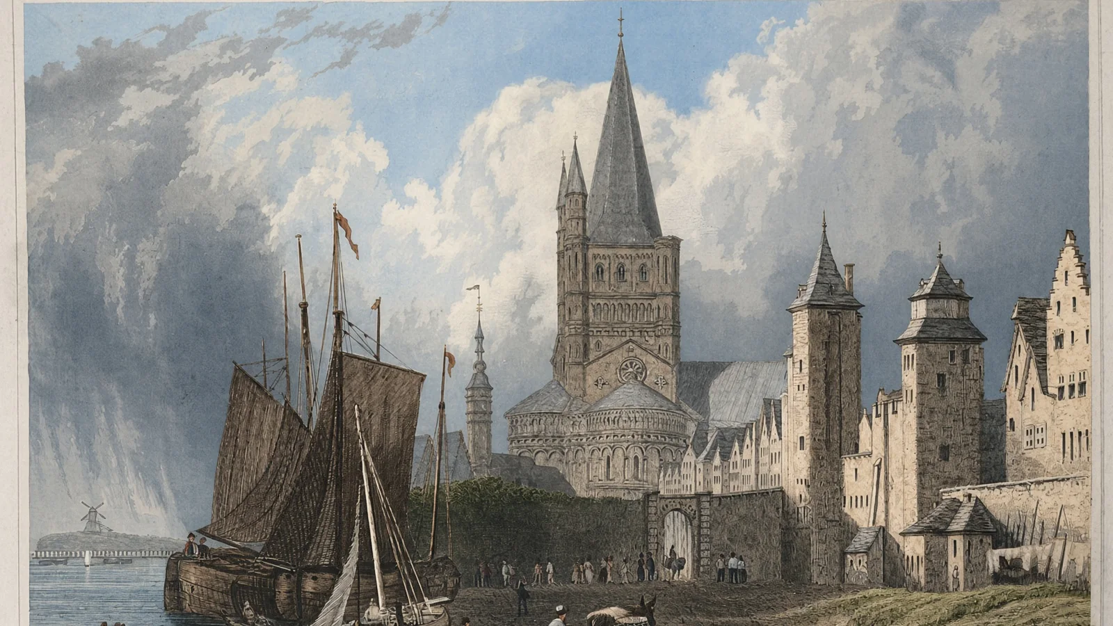 Kolorierter Tombleson-Stich: Groß St. Martin am Kölner Rheinufer