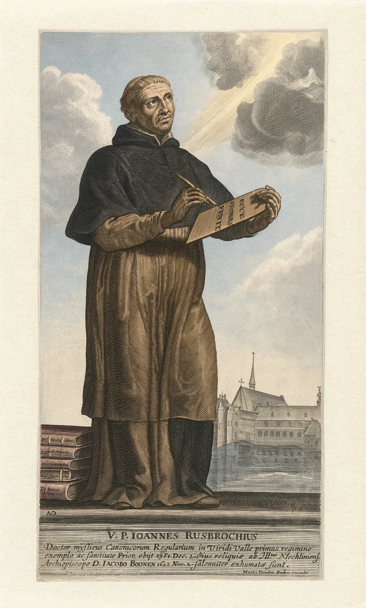 Historischer Kupferstich von Antony van der Does: Jan van Ruusbroec (Ioannes Rusbrochius) mit Feder und Schreibtafel unter einem Lichtstrahl, digital koloriert