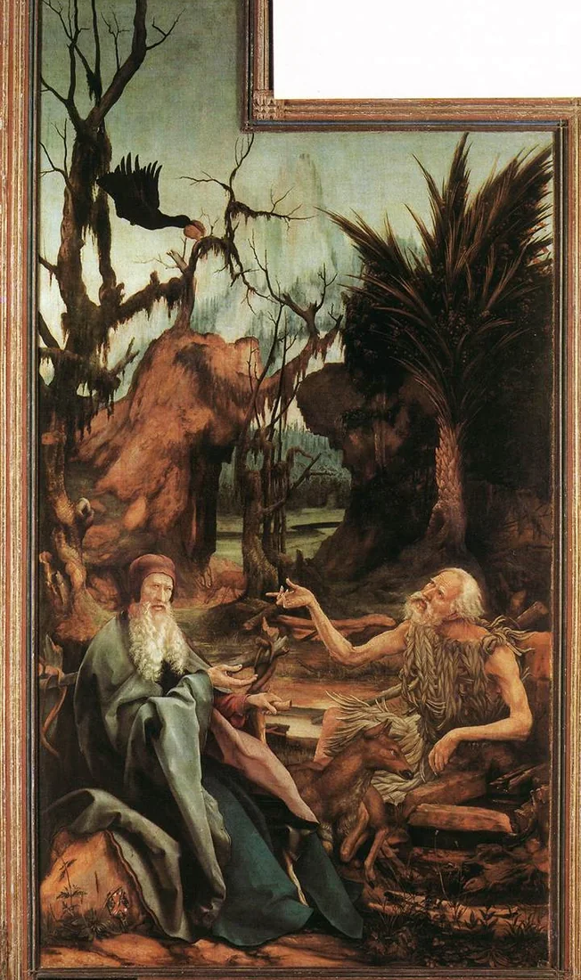 Grünewald: Antonius und Paulus der Einsiedler in der Wüste, mit Rabe und Brot