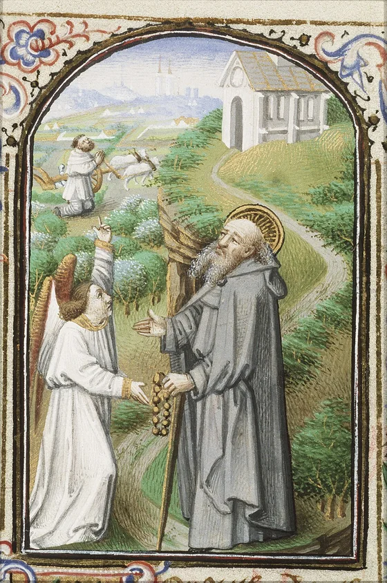 Stundenbuch-Miniatur: heiliger Antonius mit Stab und Rosenkranz, Engel daneben