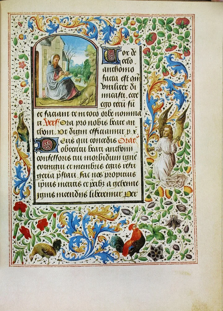 Stundenbuch-Miniatur: heiliger Antonius in der Einsiedelei, mit Text und Blumenbordüre