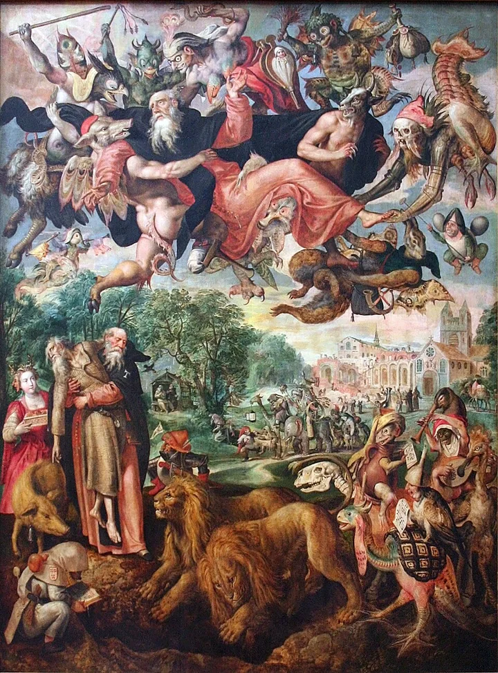 Maerten de Vos: Versuchung des heiligen Antonius mit Dämonen und Wüstenlandschaft